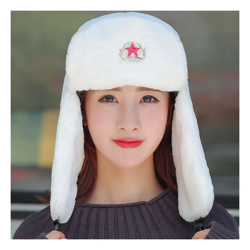 Зимняя шапка MS теплая унисекс авиатора из кроличьего меха с пятиконечной звездой