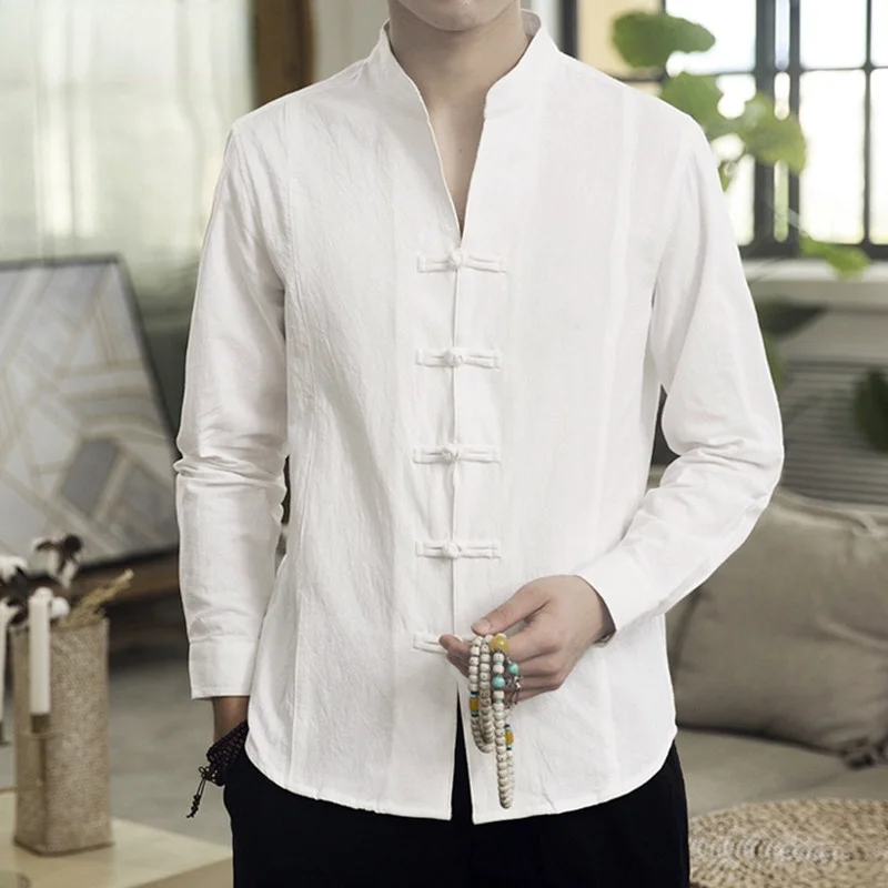 

Men Casual Shirt Solid Retro Button Stand Collar Tops Cotton Linen Long Sleeve Chinese Traditional Shirts Men Streetwear