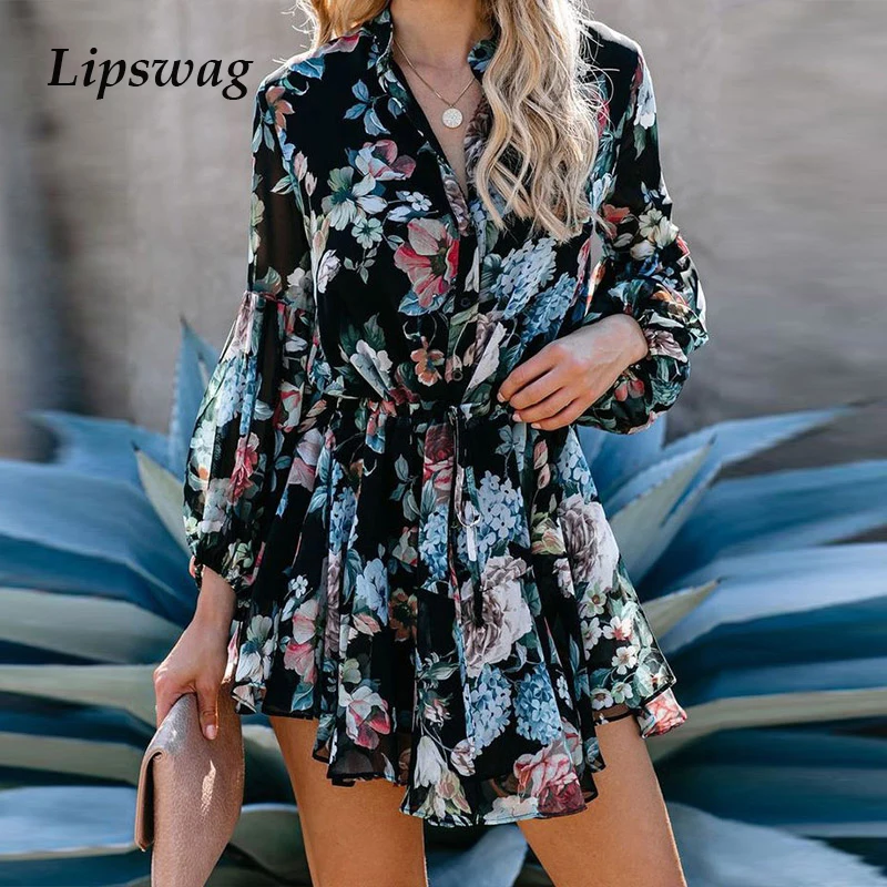 

Elegant Loose Long Sleeve Casual Dress Fashion Floral Printed Chiffon Dress Women Autumn Lace-Up Ruffles Party Dresses Robe Muje