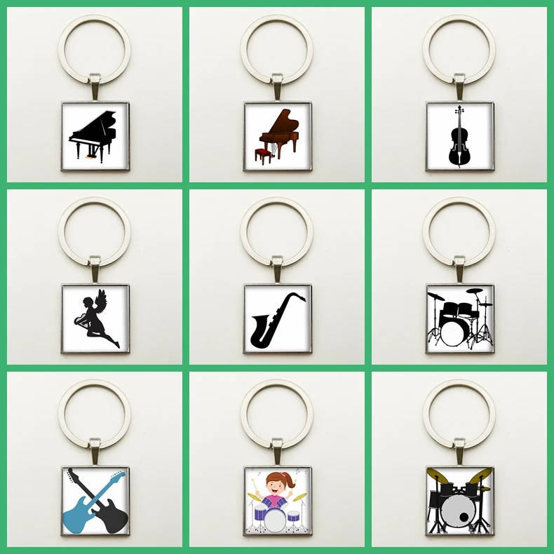 

Fashion Vintage Music Lovers Keychain Pendant Bag Jewelry Cute Drum Guitar Glass Square Pendant Concert Key Ring DIY Handmade