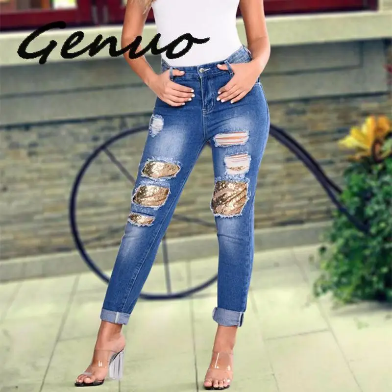 

Genuo New 2019 High Waist Jeans Woman Boyfriend Ripped Jeans For Women Straight Patchwork Denim Pants Pantalon Femme