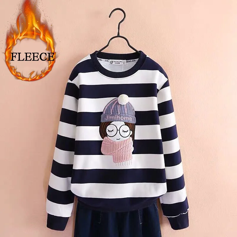Sweatshirt for Girls Winter Fleece Thicken Kids Pullover Tops Casual Stripe Teenager Children's Clothing School Girl Outerwear