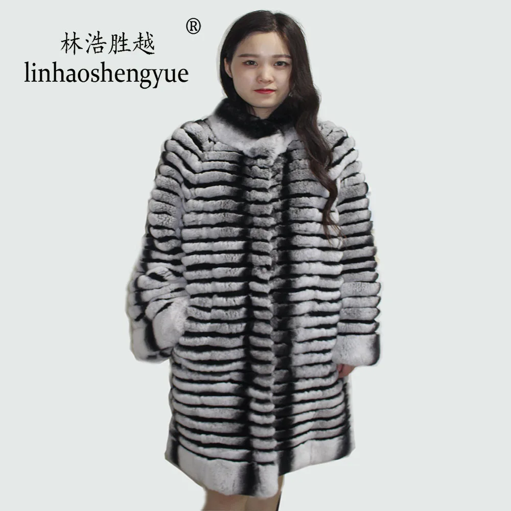 Linhaoshengyue 2020 Real Fur 90cm  Lenght Rabbit Fur Women Coat  Fashion Warm  Winter  Freeshipping
