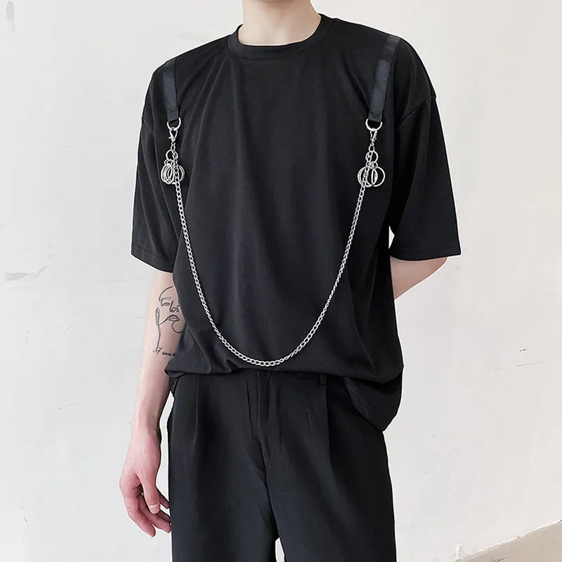 

Men Chain Pendant Short Sleeve Harajuku Streetwear Loose Casual T-shirt Male Japan Korean Style Loose Tees Shirts Tops