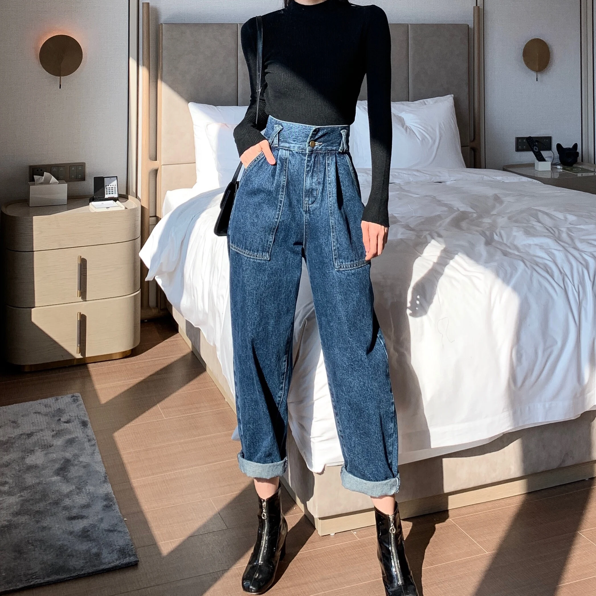 

2020 Straight Jeans Pants High Waist Jeans Woman Korean Chic Loose Trousers Women Street Wear Jeans Casual Denim Pants