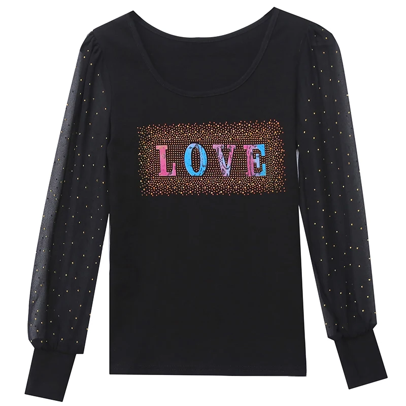 

Spring New Long-sleeve Letters diamond Tee Tops New fashion Patchwork Chiffon shirt Casual Women Tshirt