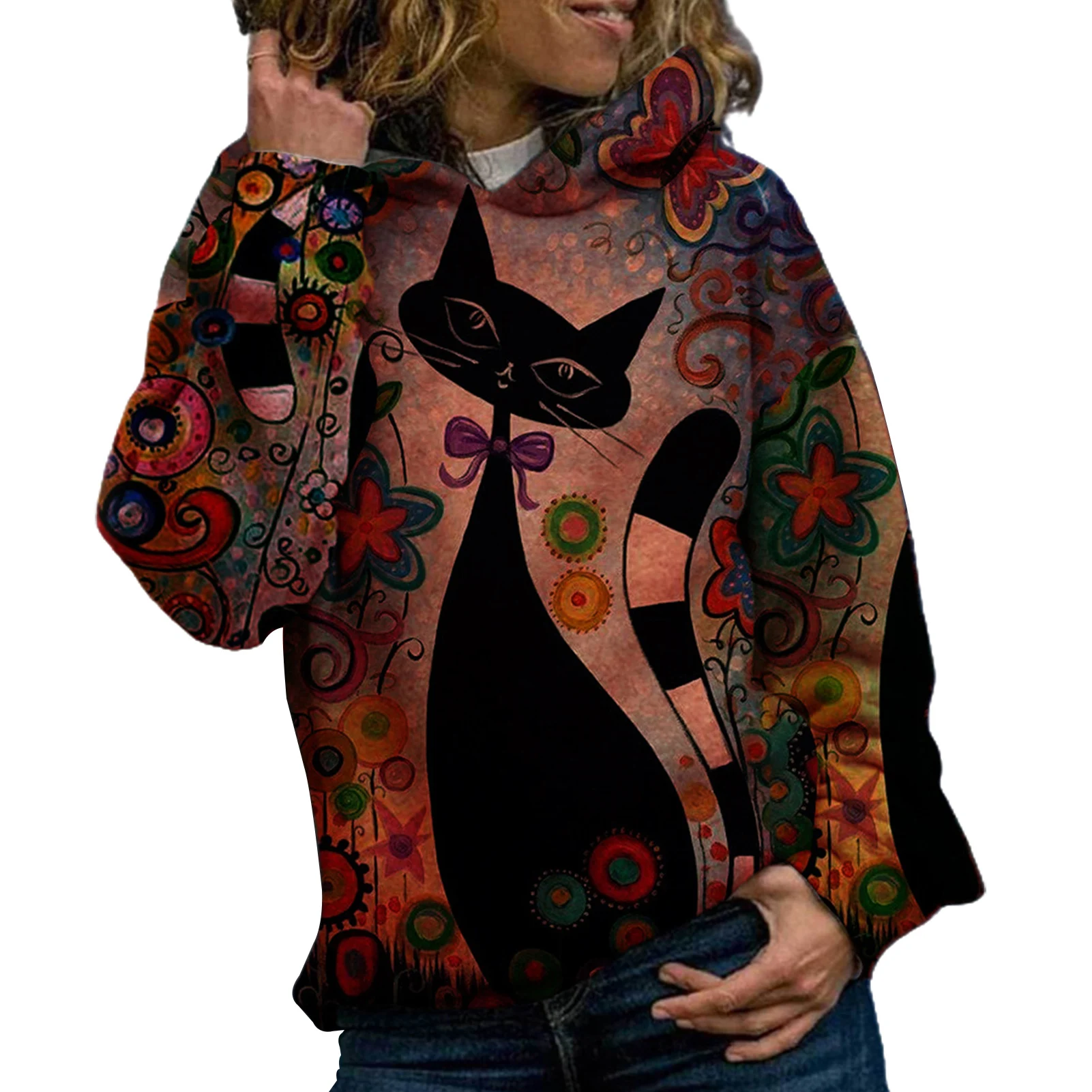 

Women Autumn Winter Digital Cats Print Hoodie Long Sleeve Sweatshirt Pullover
