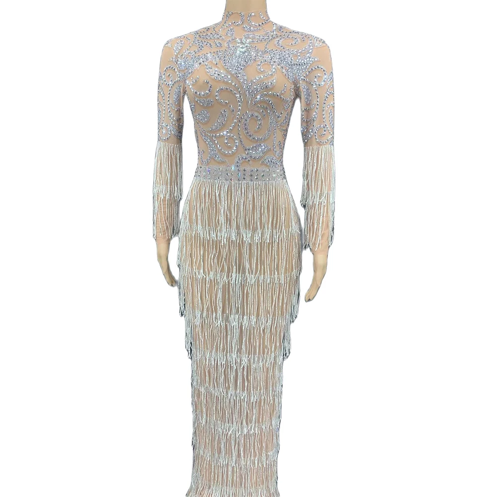 

Tassel Tight Ankle-Length Split Long Dress Sparkling Diamonds Ladies Dance Costume Party Evening Costume Birthday Party Dress