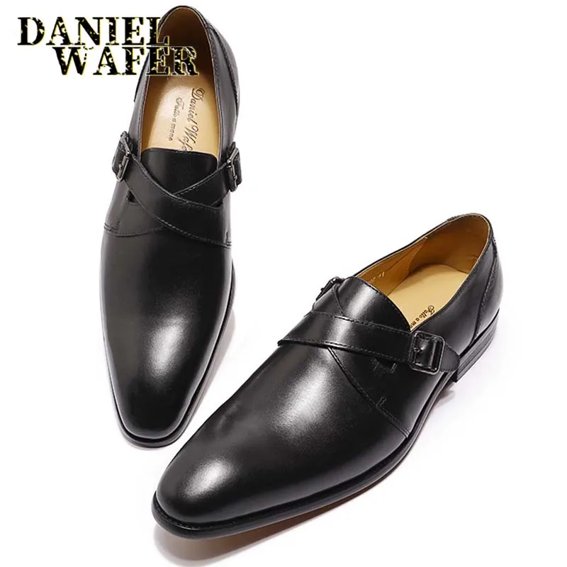 

ELEGANT MEN'S LOAFERS ITALIAN GENUINE LEATHER SHOES FASHION WHOLE CUT CROSS BUCKLE BLACK BROWN WEDDING OFFICE CASUAL SHOES MEN