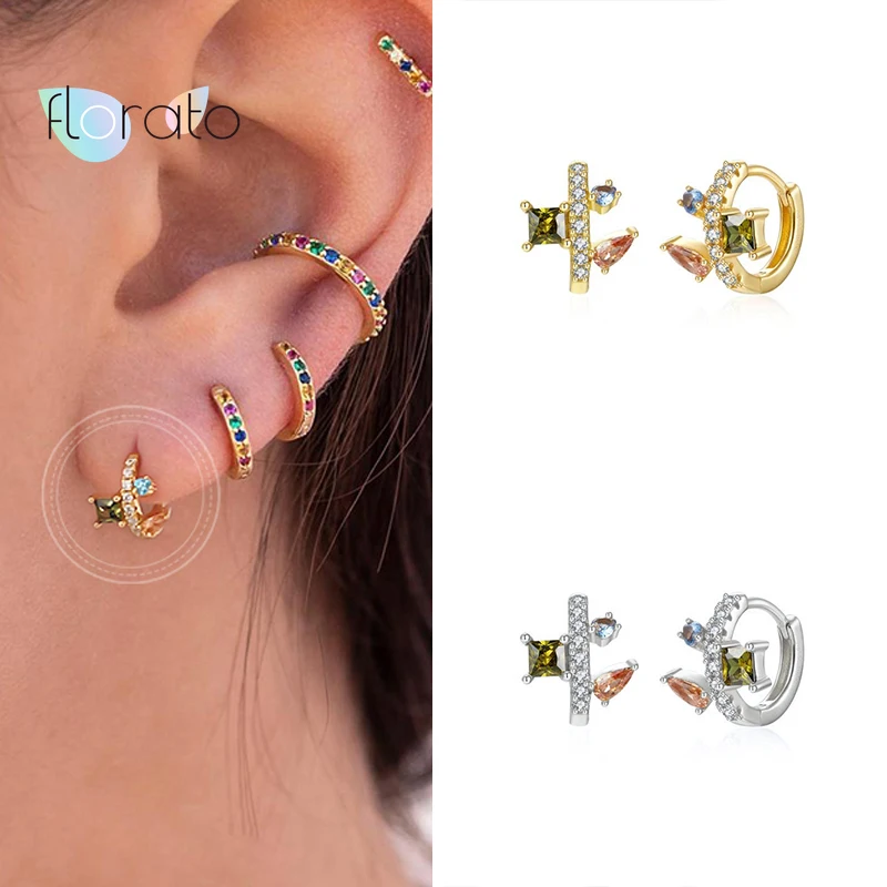 

925 Sterling Silver Ear Buckle Crystal Huggie Hoop Earrings For women Color Zircon Earrings Exquisite Jewelry