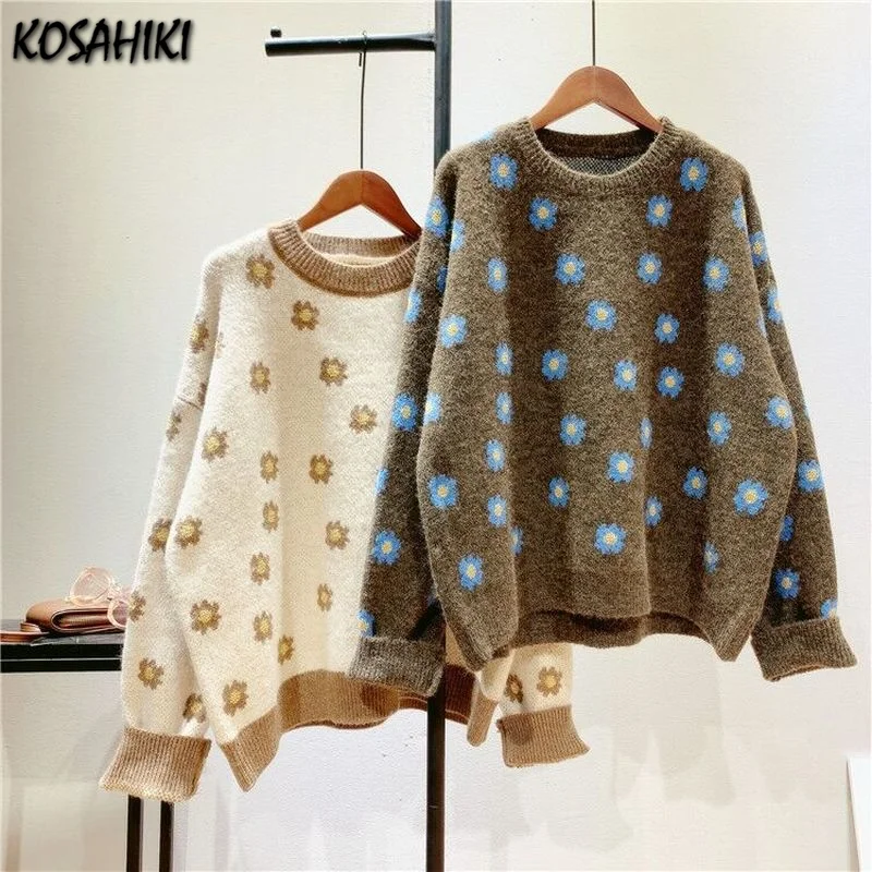 

KOSAHIKI Autumn Winter Pullover Sweater Women 2021 Sweet Floral Sweaters Jumper Loose Korean Fashon Pullover Pull Femme Top