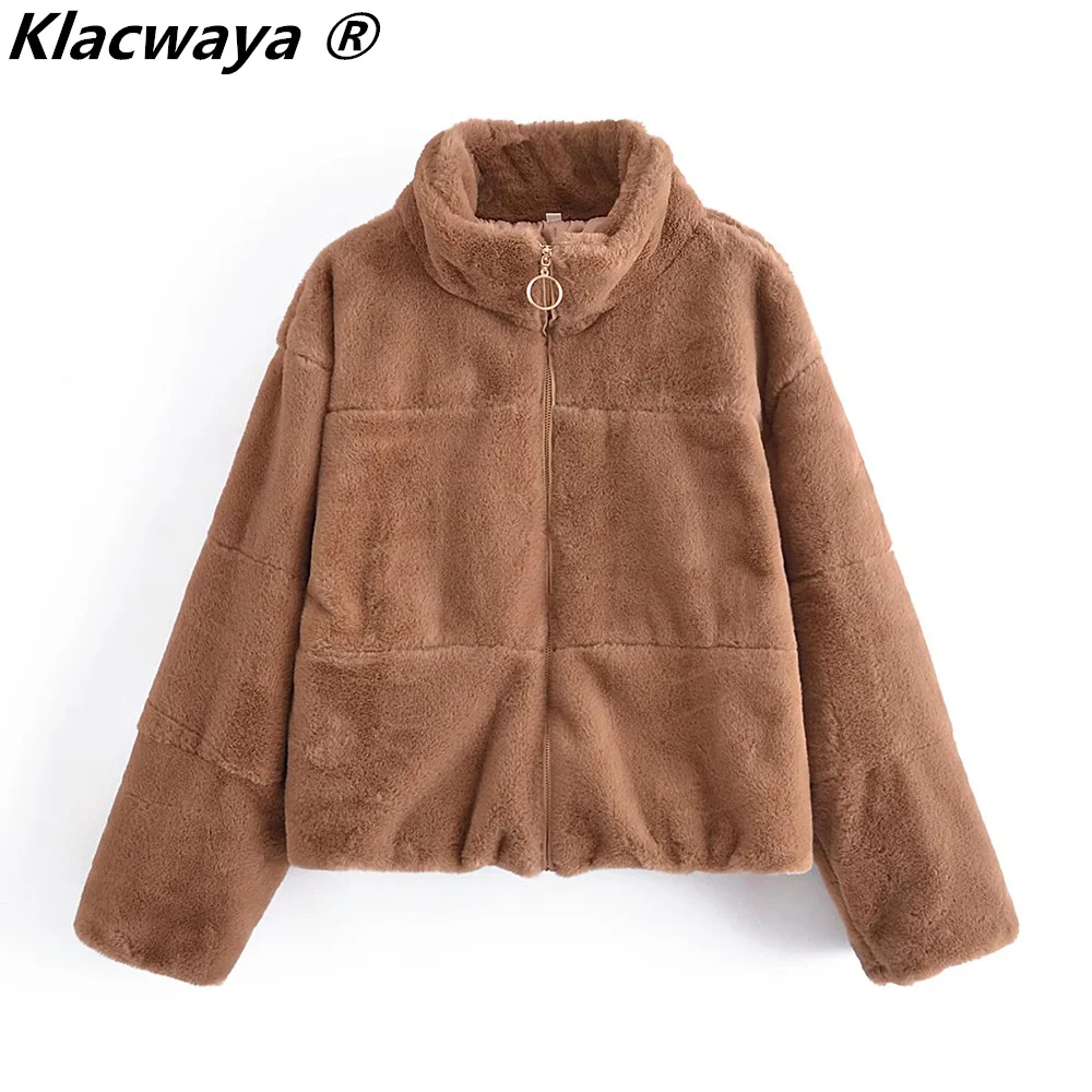 

Klacwaya пальто из искусственного меха женская зимняя жакет молния кардиган для женщин теплые укороченные повседневные пальто Женская пушистая куртка 2021