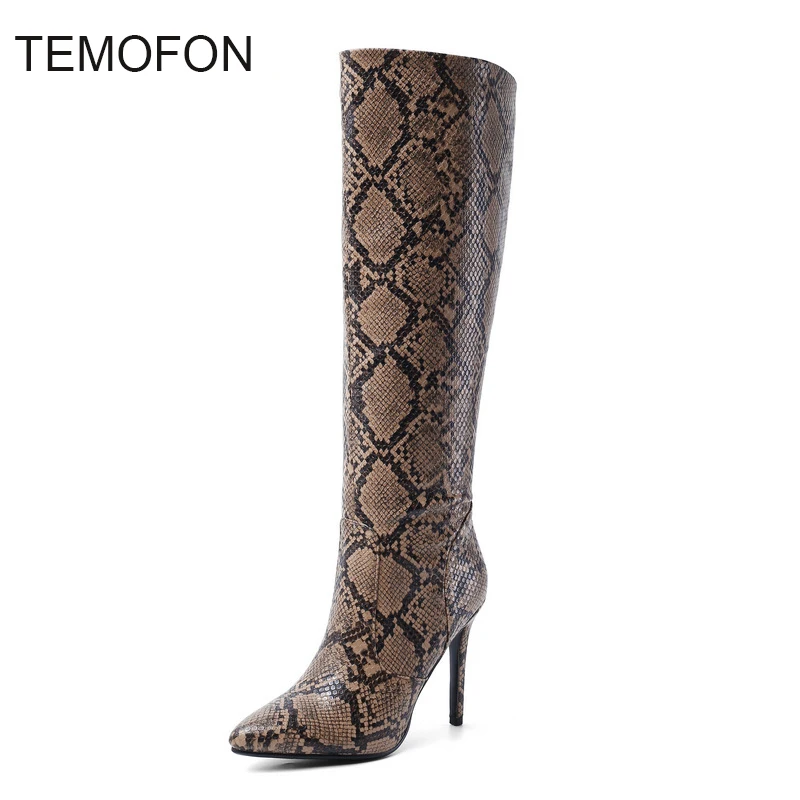 Сапоги выше колена Женские высокие сапоги из змеиной кожи с острым носком на