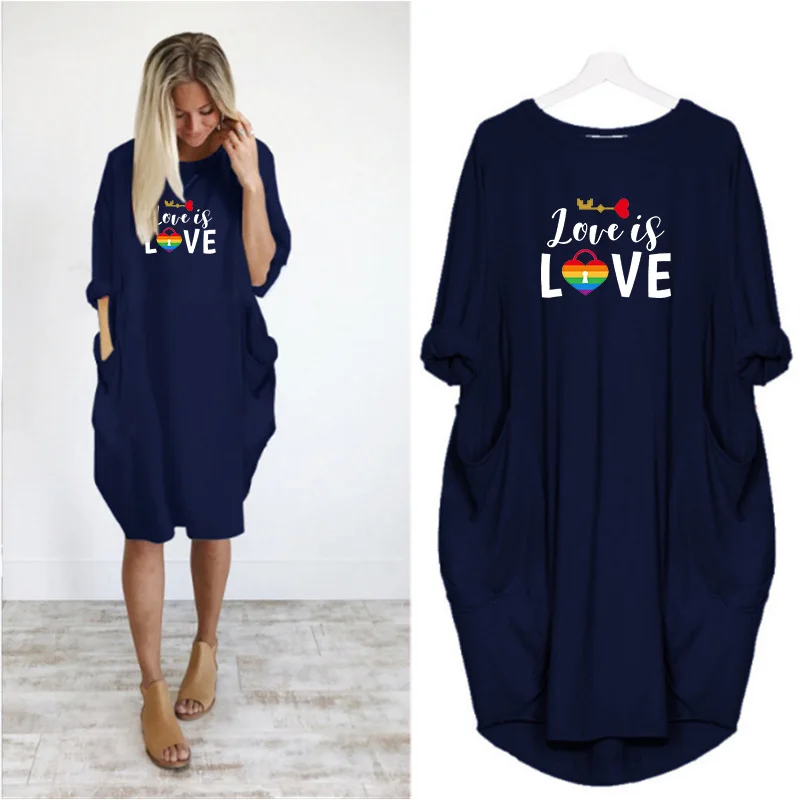 

Summer Women Dresses Rainbow Love Print Plus Size Loose Dress Long Sleeve O Neck With Pocket Party Beach Vestidos Robe Femme