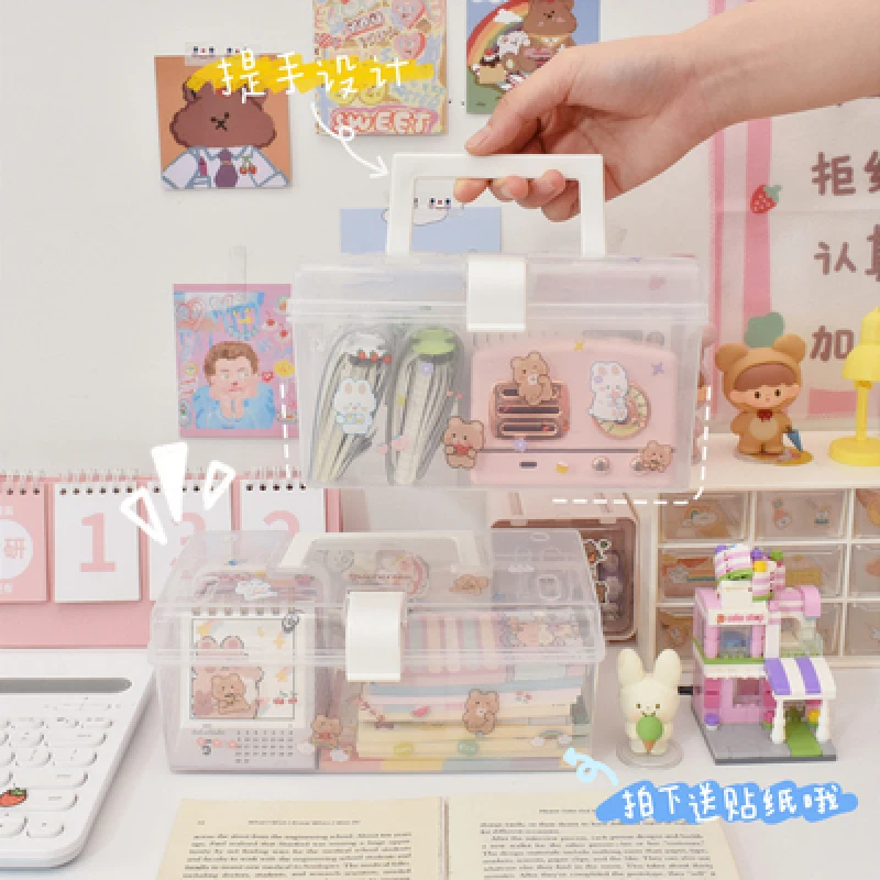 

Korea Ins Transparent Portable Storage Box with Sticker Desktop Large Capacity Finishing Plastic Portable Household Medicine