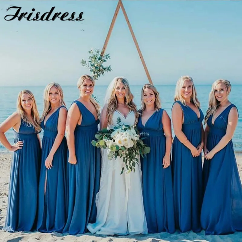 V образный вырез длинное шифоновое платье подружки невесты для свадьбы 2019