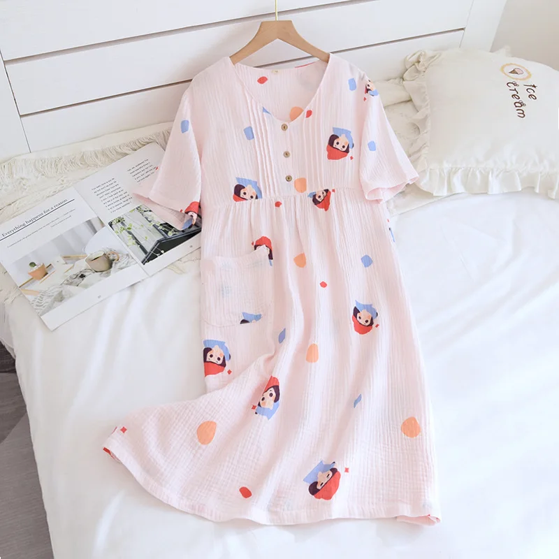 

Summer Short-sleeved Women's Pajamas, Cotton Yarn Middle Skirt, Pink One-piece Nightdress, Washed Double Gauze Home Skirt, Sweet