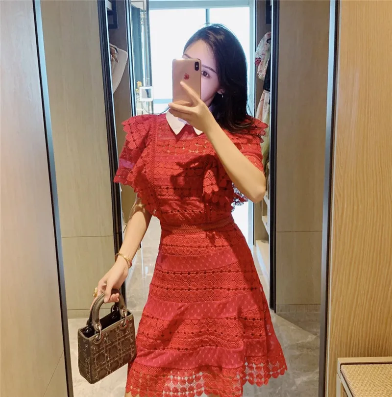 Женское Сетчатое платье в стиле пэчворк модельное ажурное с отложным воротником