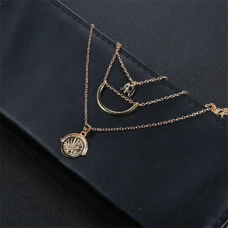 

Fashion Personality Elephant Crescent Planet Multi-layer Necklace Women