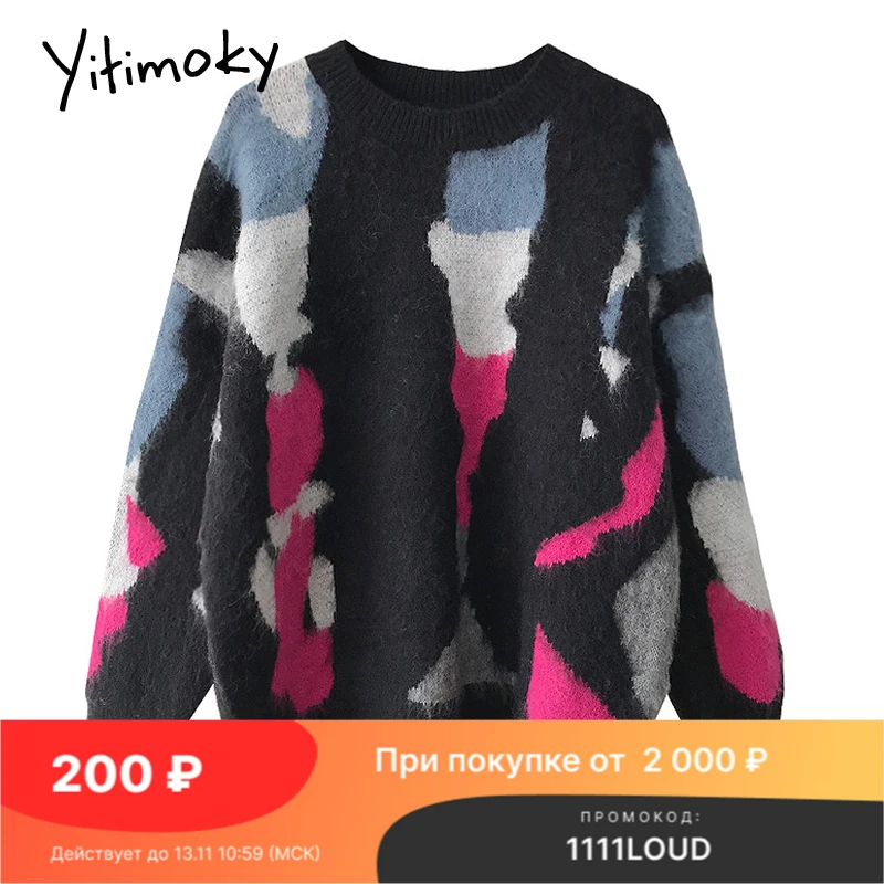 

Yitimoky винтажные вязаные свитера со вставками для женщин толстые свободные Корейские осенние 2021 модная одежда с круглым вырезом зимние пулов...