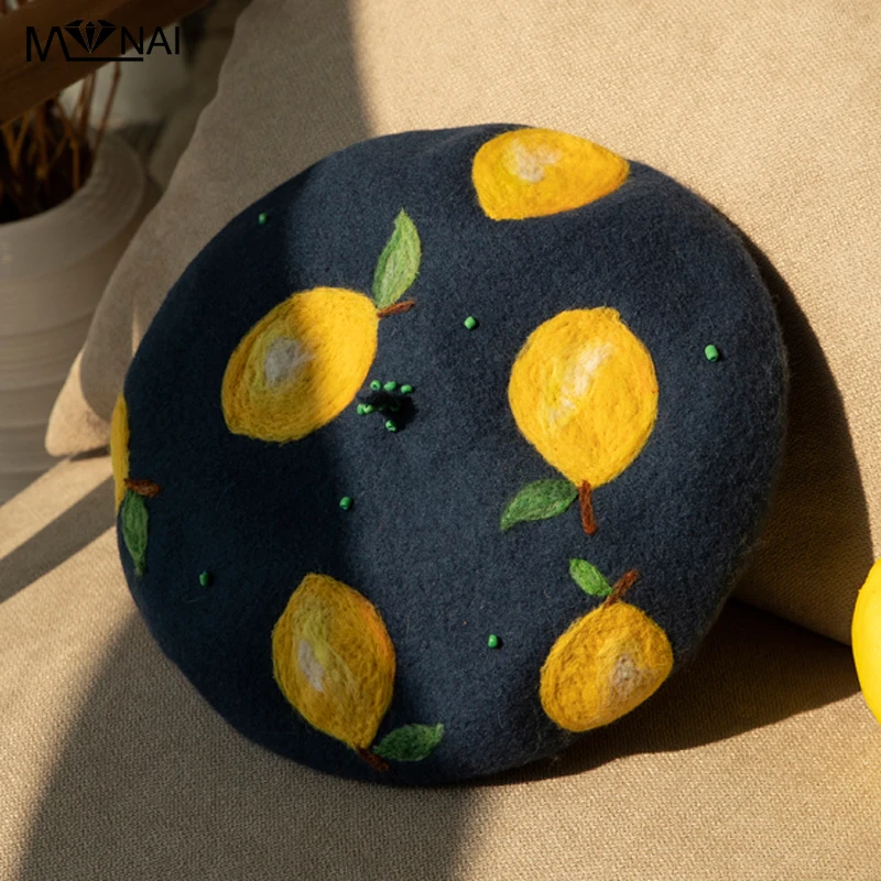 

Hat Novelty Creative Lemon Handmade Wool Felt Beret Hat Street Popular Casual Cute Birthday Gift Warm Winter Beret Cap