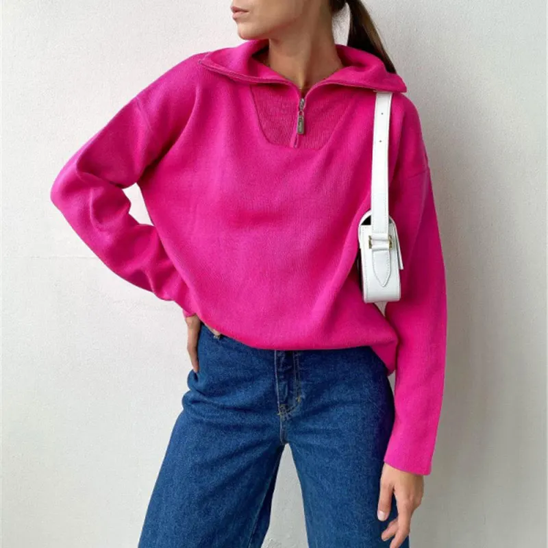 

Sueter Mujer Green Womens Zip Sweaters Fashion Female Casual Polo Neck Solid Oversized Pullovers Jumper Knitted Winter Tops 2021