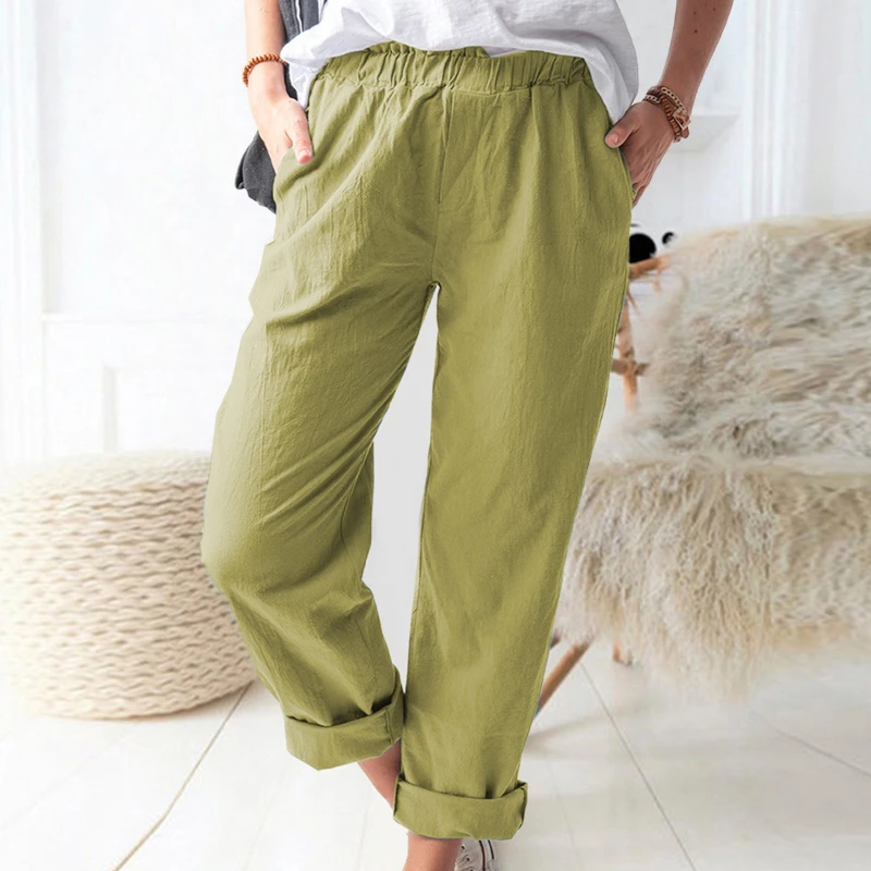

Women Pants Summer Spring Casual Solid Elastic Waist Straight Trousers 2021 Female Loose Ankle-length Long Pants