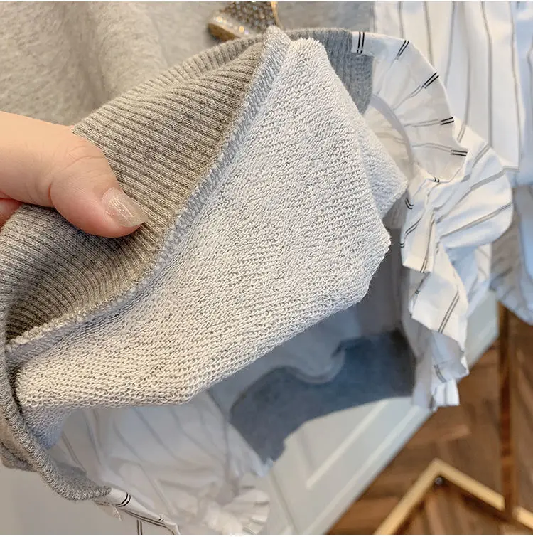 

SONDR 2021 Spring Fashion Female Casual Round Neck Batwing Sleeve Patchwork Striped Ruffles Pullover Sweatshirts Tops