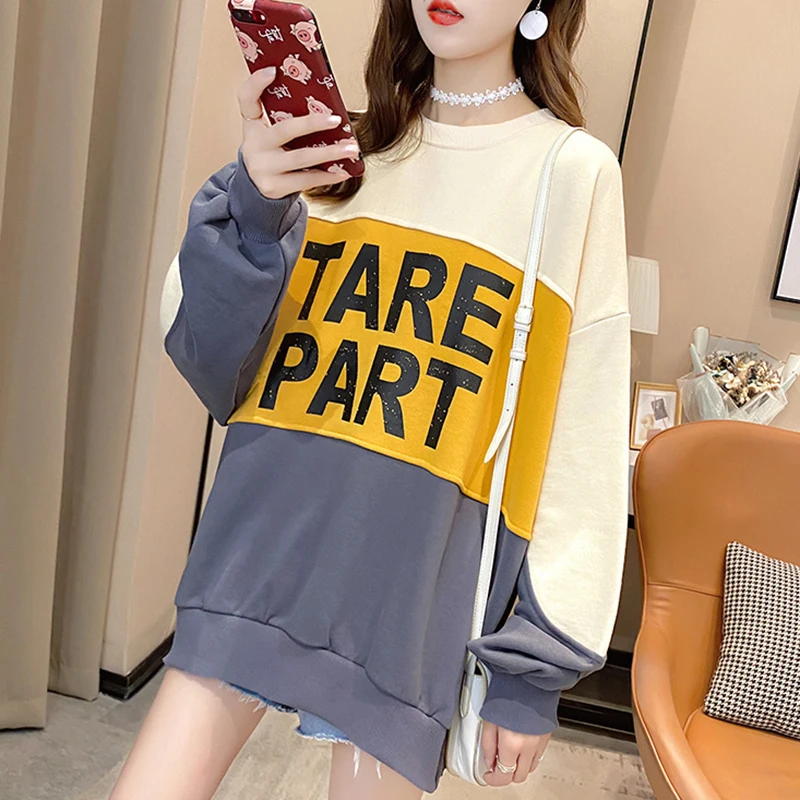 

Свитшот женский оверсайз с круглым вырезом, Модный свитшот в стиле пэчворк с длинным рукавом и надписью, повседневный Свободный пуловер, то...