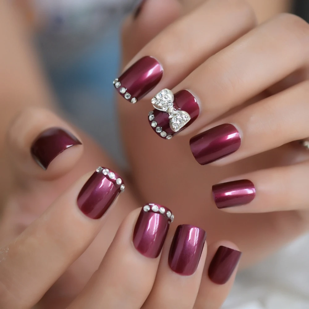 Короткие ювелирные изделия искусственные ногти с бантом на заказ набор из темно