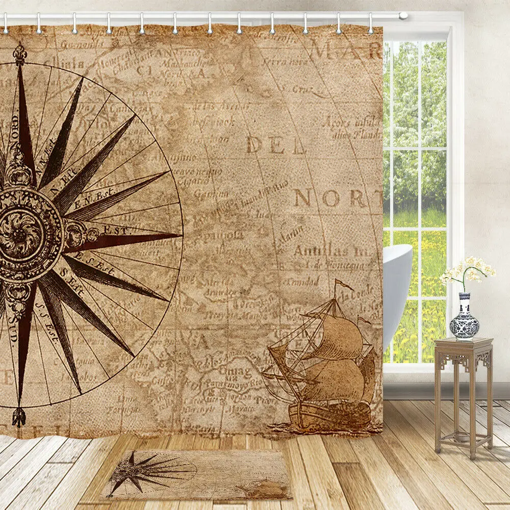 

Retro Compass Old Shabby Map Bath Fabric Shower Curtain