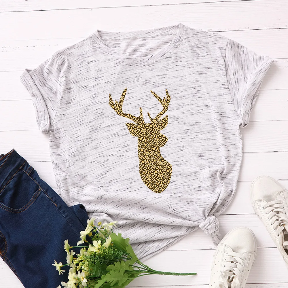 

New OverSize S-5XL Fashion Deer Head Print T Shirt Women 100%Cotton O Neck Short Sleeve Summer T-Shirt Pink Tops Casual TShirt