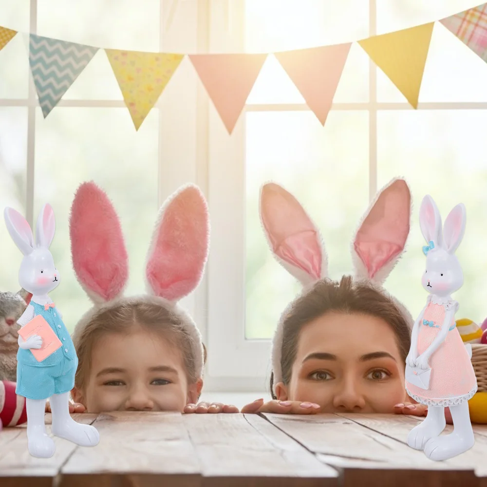 

2pcs Resin Bunny Ornaments Country Style Rabbit Statue Festival Rabbit Ornaments