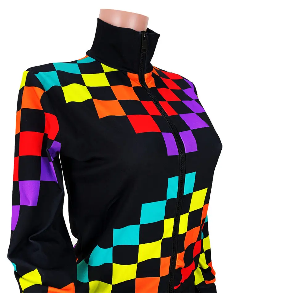 

Women Set Casual 2 Two Piece Outfits Checkerboard Plaid Print Zipper Up Full Sleeve Jacket+pockets Pencil Trouser Jogging Suits