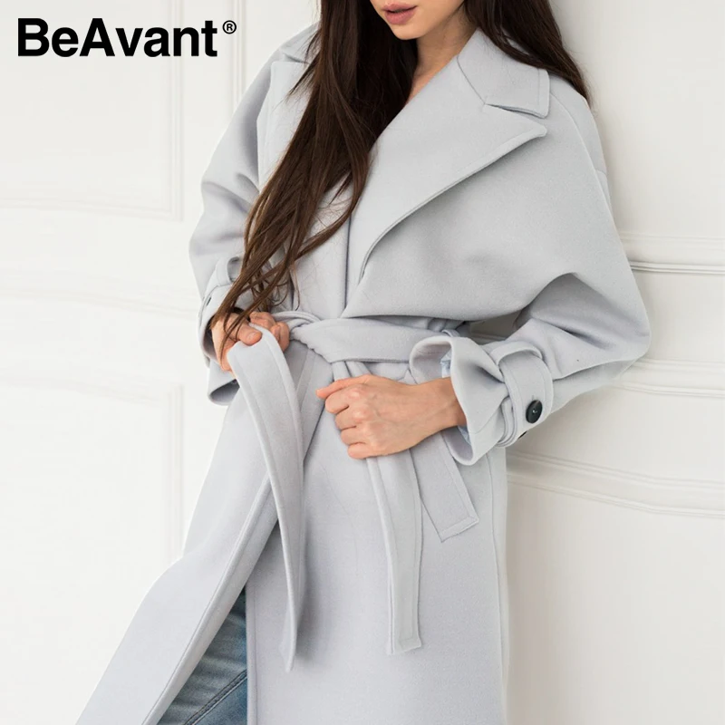

BeAvant Elegant light grey autumn winter female long coat Office lady off shoulder sleeve overcoat Causal lace up fashion coat