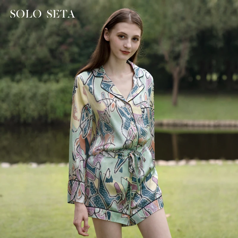 

★Soloseta silk pajamas Shorts Set women's summer can wear two piece silk printed home clothes