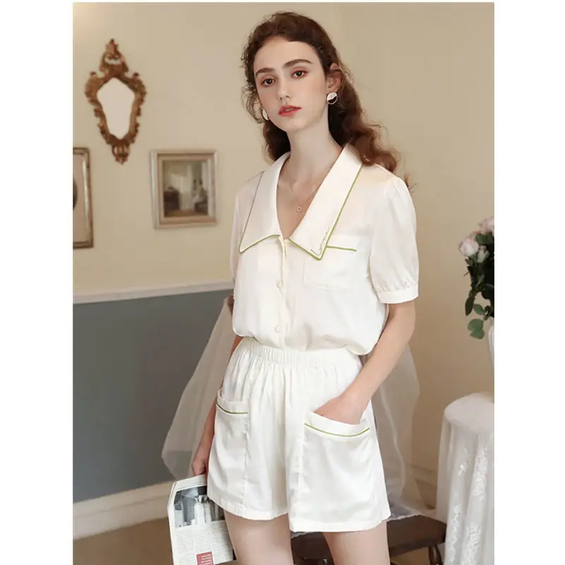 QWEEK Silk Women's Nightie Summer 2021 Pajamas French Elegant Pyjama Pour Femme Short Sleeve Pijama V-Neck Set 2 Pcs Sleepwear