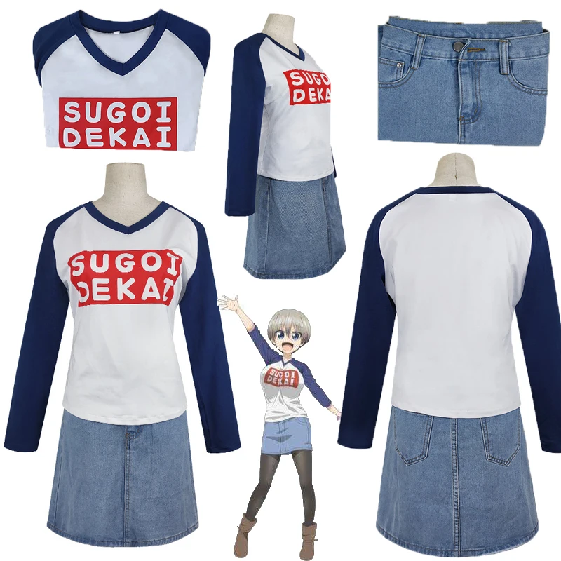

Аниме узаки Хана Косплей Костюм узаки Чан хочет развеситься! Женский костюм Sugoi Dekai из футболки с длинным рукавом и джинсовой юбки на Хэллоуи...