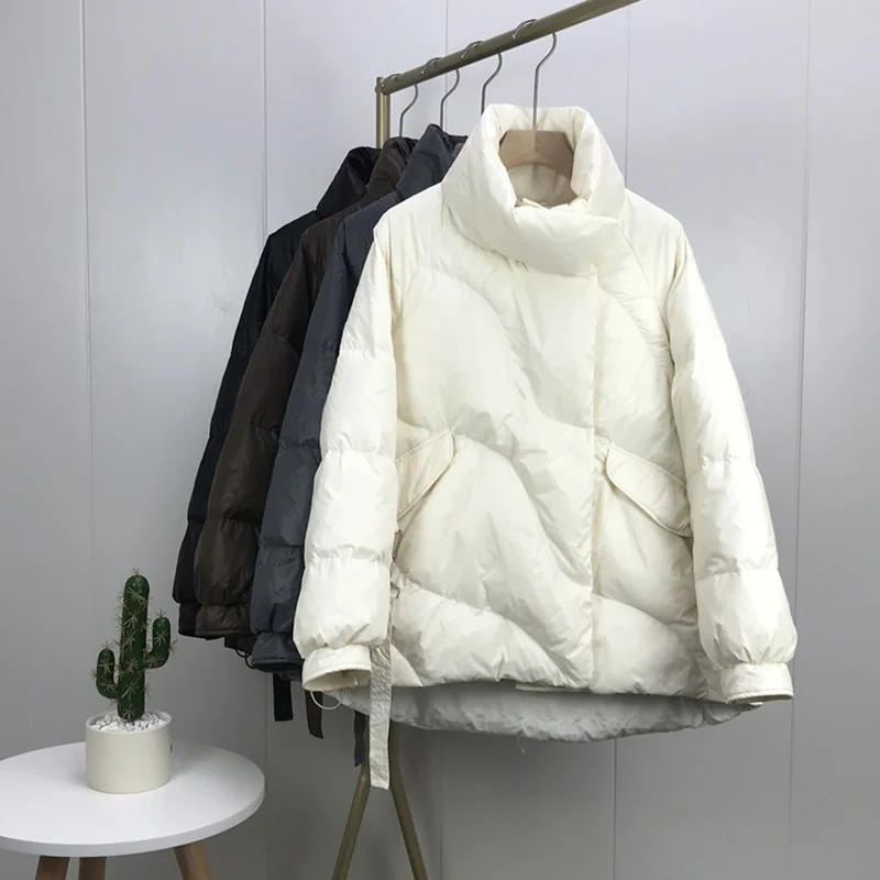 

FAKUNTN Women Winter New Casual All Match White Down Coat Ladies Loose Stand Up Collar Ribbon Thicken Warm Fashion Short Jacket