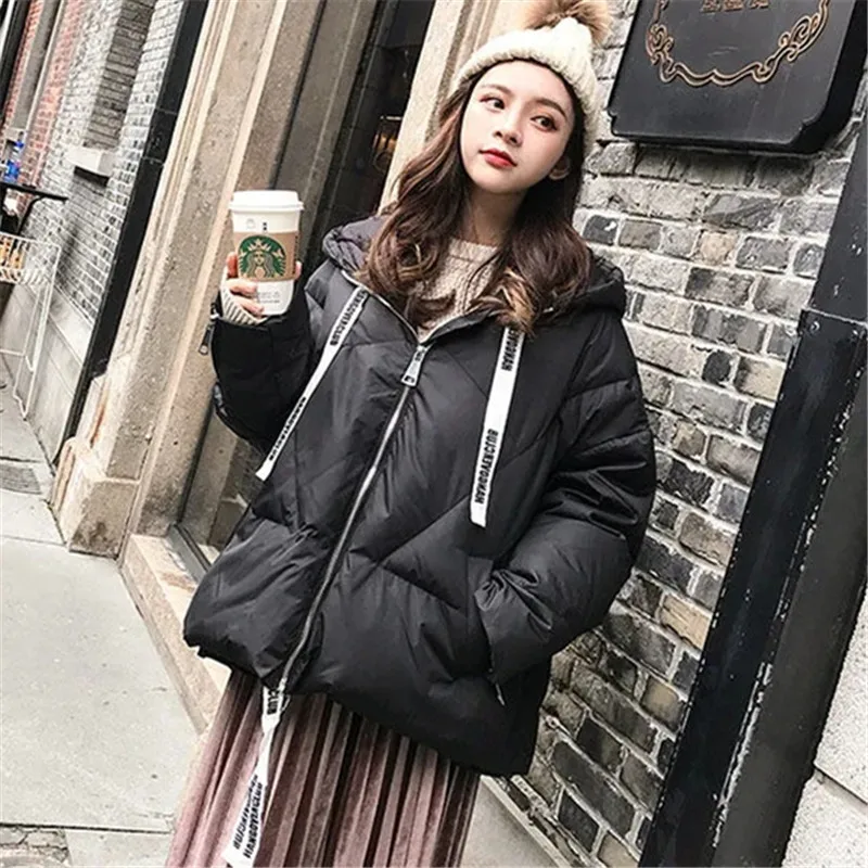 Parker Cotton Clothes Women's Winter Hooded Solid Color Bright Face Long-sleeved Zipper Fashion Loose Commuter Jacket Bread Coat