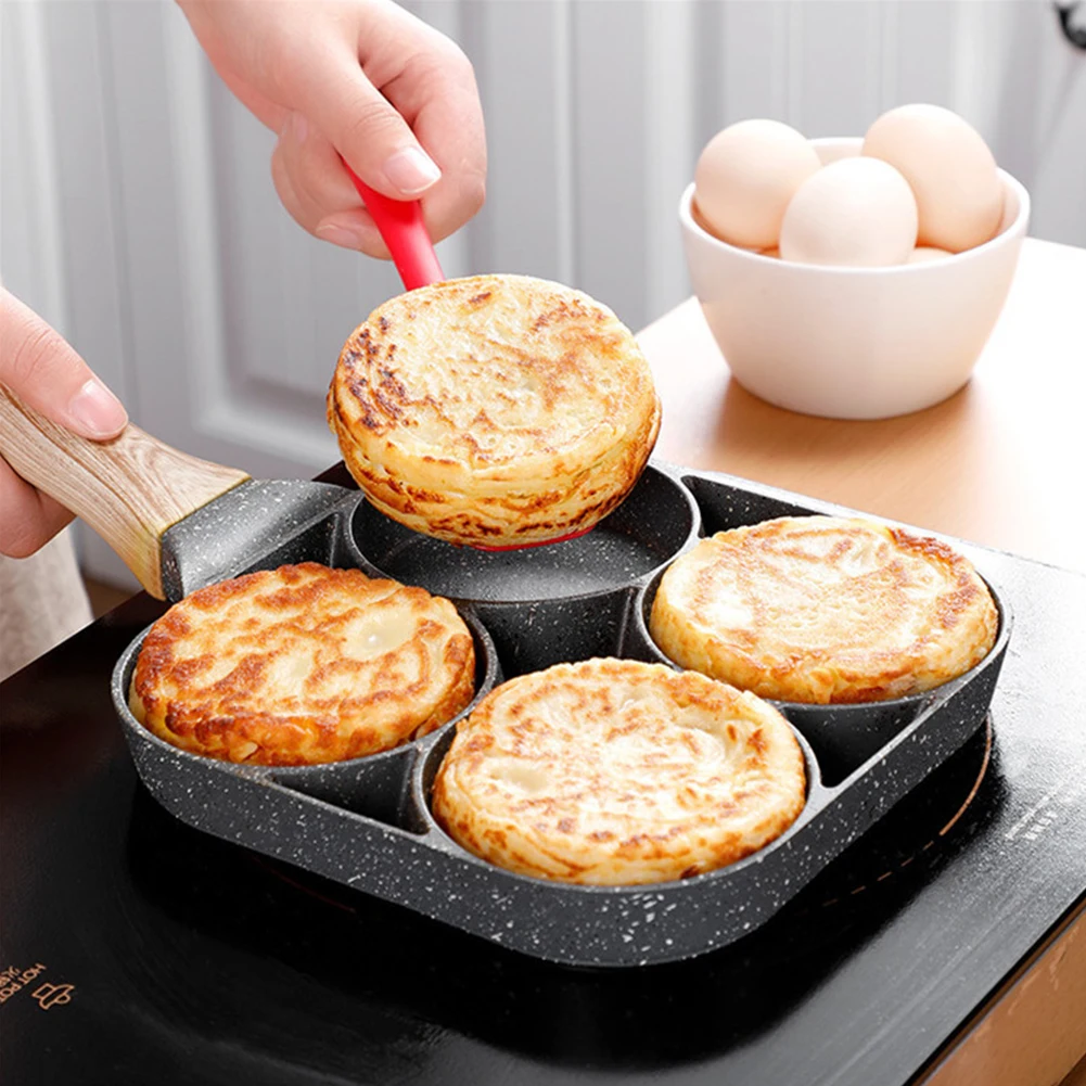 

Four-hole Frying Pot Thickened Omelet Pan Black Non-stick Egg Steak Ham Pancake Wooden Handle Kitchen Cooking Breakfast Maker