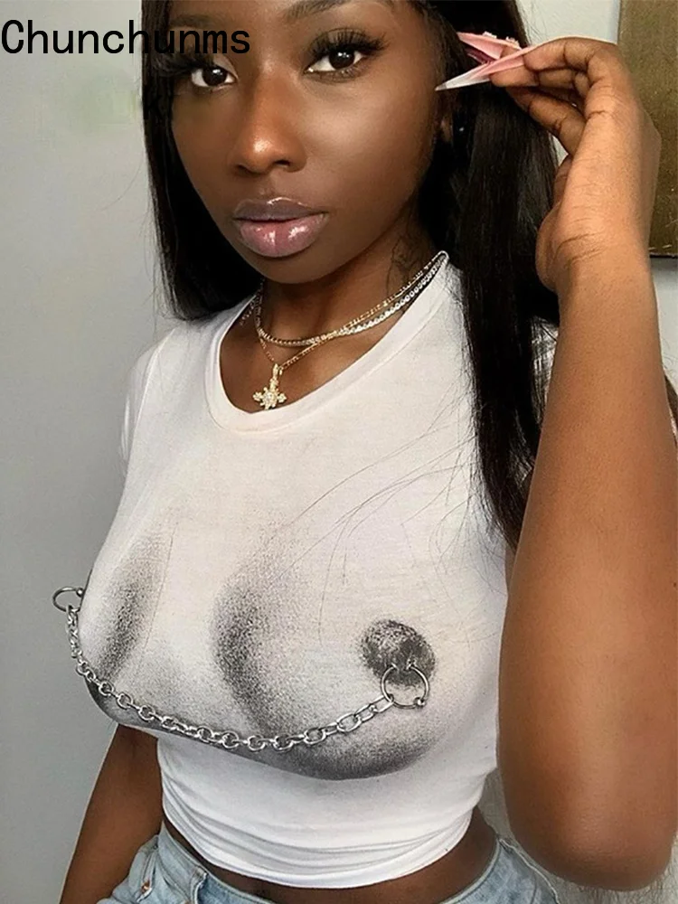 

Новая модная укороченная футболка с круглым вырезом и цепочкой на груди, летняя женская Повседневная футболка с коротким рукавом, одежда дл...