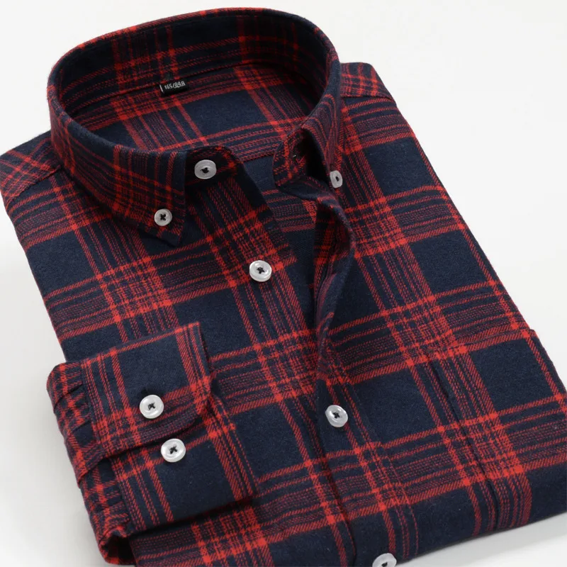 

Plus Size 10XL Standard-Fit Long-Sleeve Plaid Cotton Shirt 2021 New Arrivals Four Seasons Fashion Casual Fat Red Shirt Men