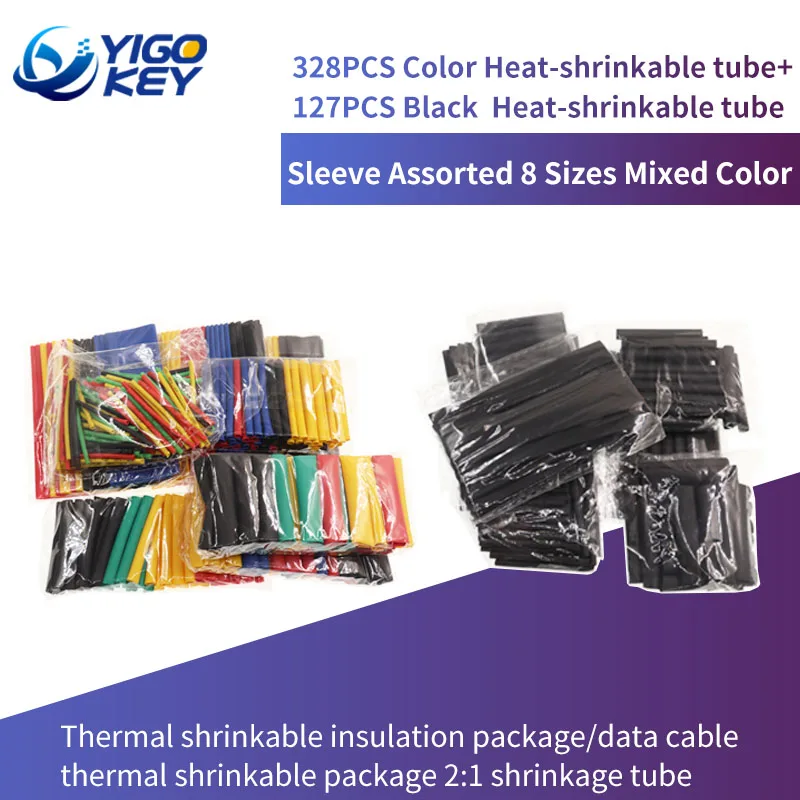 

Термоусадочные трубки для проводов, полиолефиновые, 8 размеров, 127/328 шт.