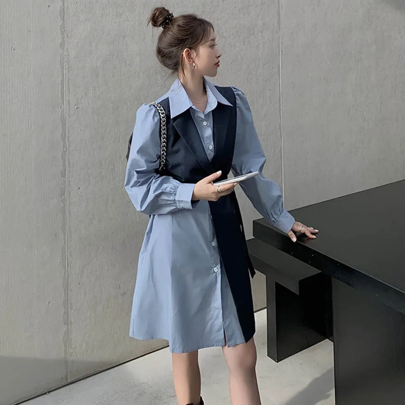 

Elegant Office Lady Blazers Mini Dress Woman Vintage Designer Belt Long Sleeve Women Dress One Piece Autumn Splicing Dress 2020