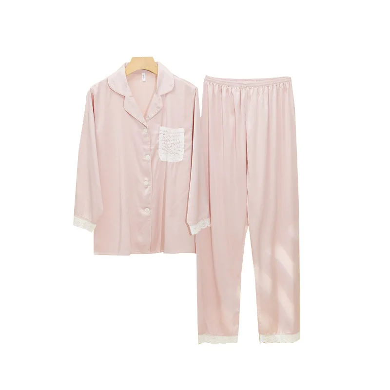 

2PCS Pajamas Suit Women 2021 Spring New Sleepwear Satin Sexy Pyjamas Lace Long Sleeve Home Clothes Sexy Lapel Nightwear Negligee