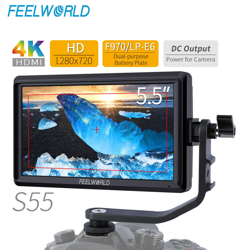 

Монитор FEELWORLD S55 4K для камеры, 5,5 дюйма, HDMI-совместимый ЖК-дисплей IPS HD 1280x720 для камеры Nikon Sony Canon