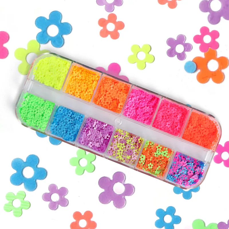 

12Grids Spring Nail Flower Ornament 12 Fluorescent Colors 3d Nail Art Jewelry Sequin Manicure Accessories Decorations Stickers#F