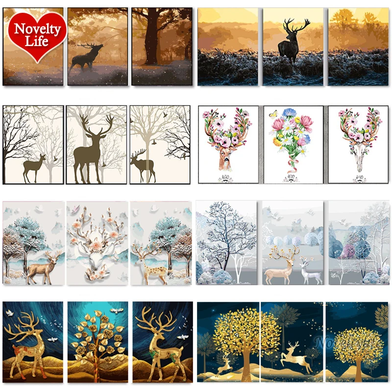 

DIY Oil Painting by Numbers Deer Trees Triptych Pictures Animal Abstract Paint Wall Sticker Coloring Landscape Gift Home Decor