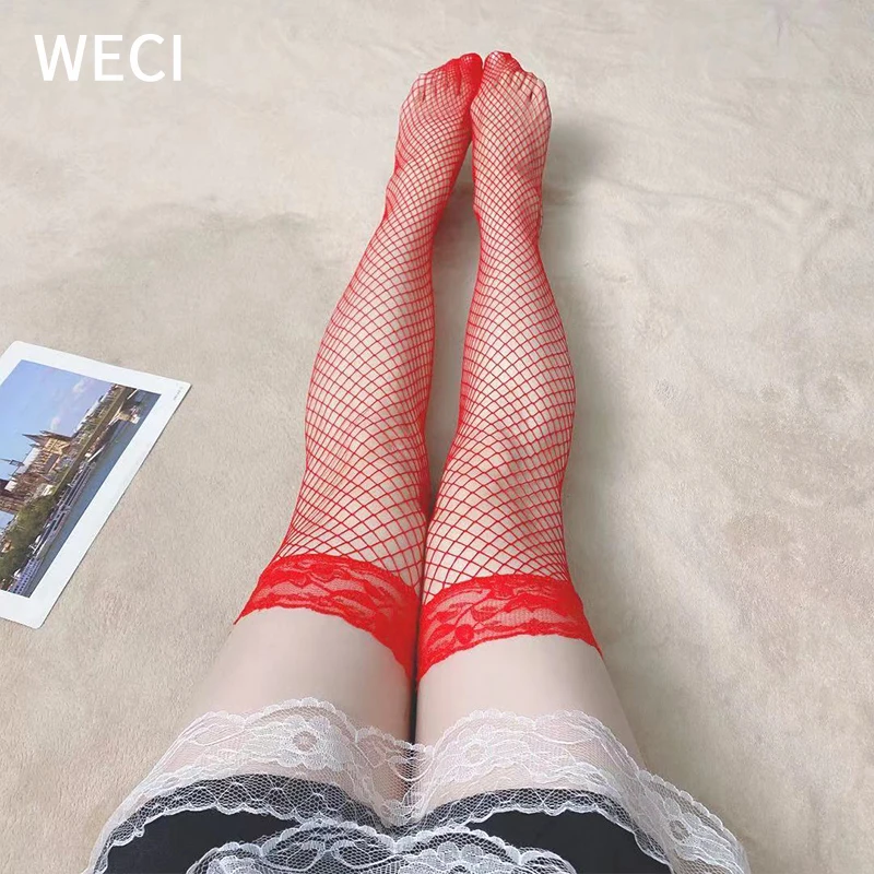 Женские сетчатые чулки WECI до бедра сексуальные кружевные колготки с приманкой